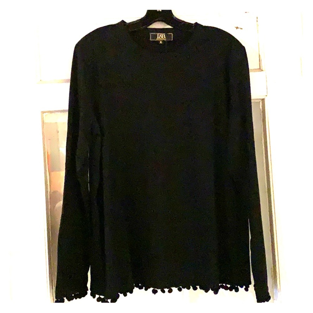 L&B plus size long sleeve top w/ Pom trim